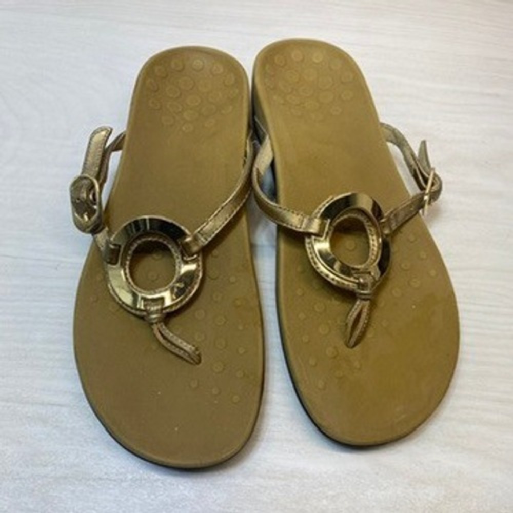 Vionic Womens 9‎ Karina Thong Sandals Orthotic Gold Metallic Flip Flops Casual